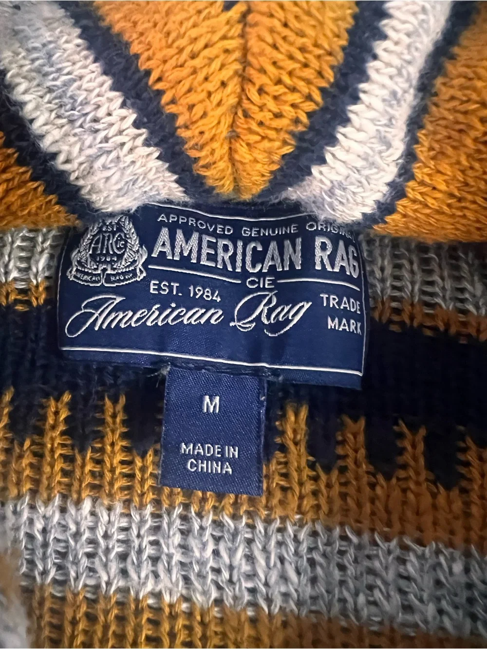 American Rag Striped Knit Cardigan in Mustard, Navy & Cream